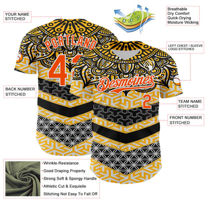 Custom Yellow Orange Black-White 3D Pattern Design Burner Costumes Tribal Authentic Baseball Jersey - Sky-Custom
