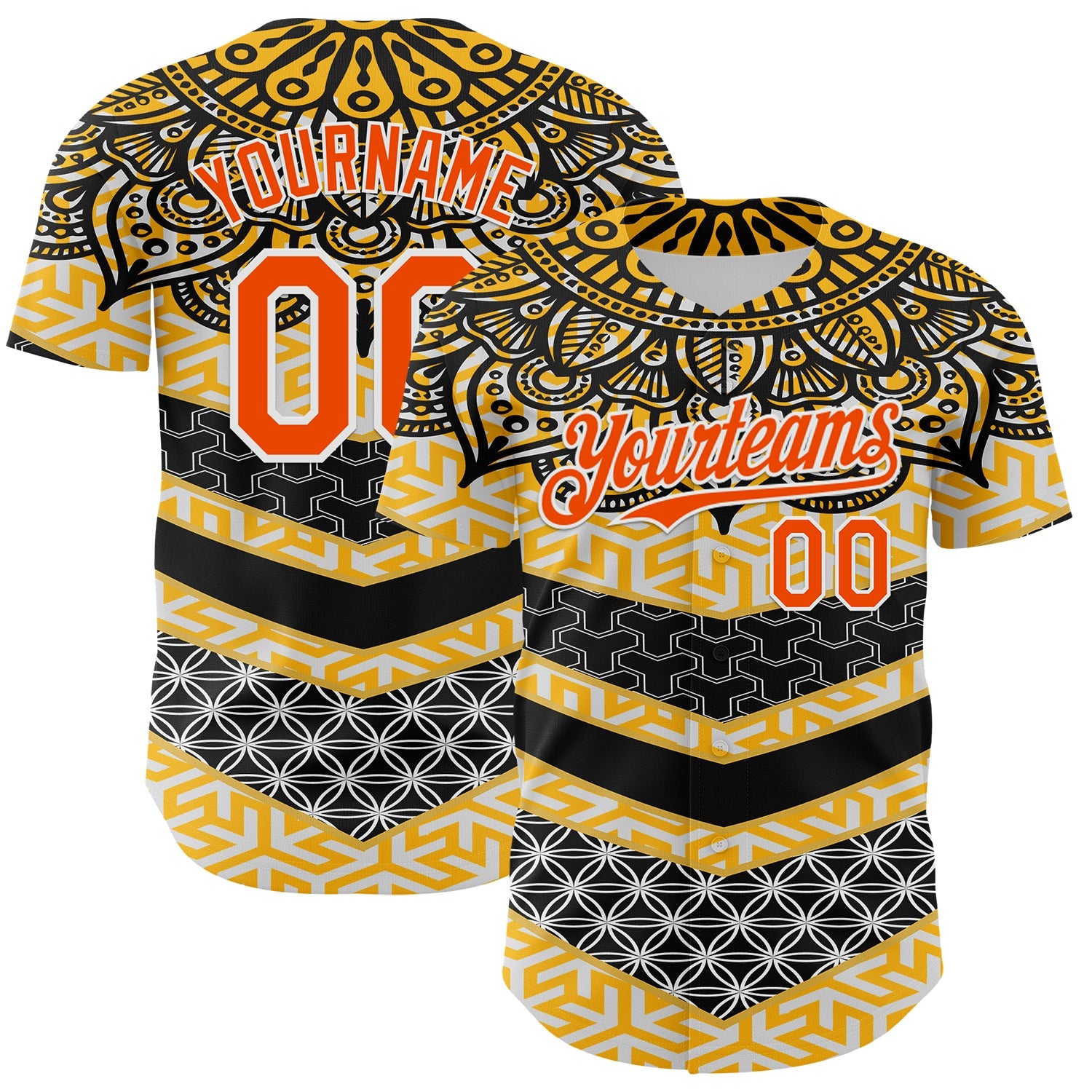 Custom Yellow Orange Black-White 3D Pattern Design Burner Costumes Tribal Authentic Baseball Jersey - Sky-Custom