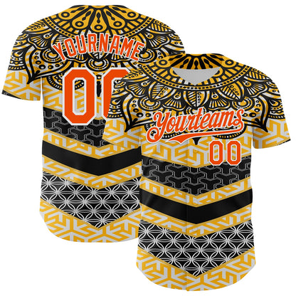 Custom Yellow Orange Black-White 3D Pattern Design Burner Costumes Tribal Authentic Baseball Jersey - Sky-Custom