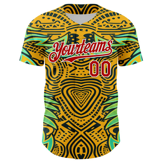 Custom Gold Red Black Green-White 3D Pattern Design Burner Costumes Tribal Authentic Baseball Jersey - Sky-Custom