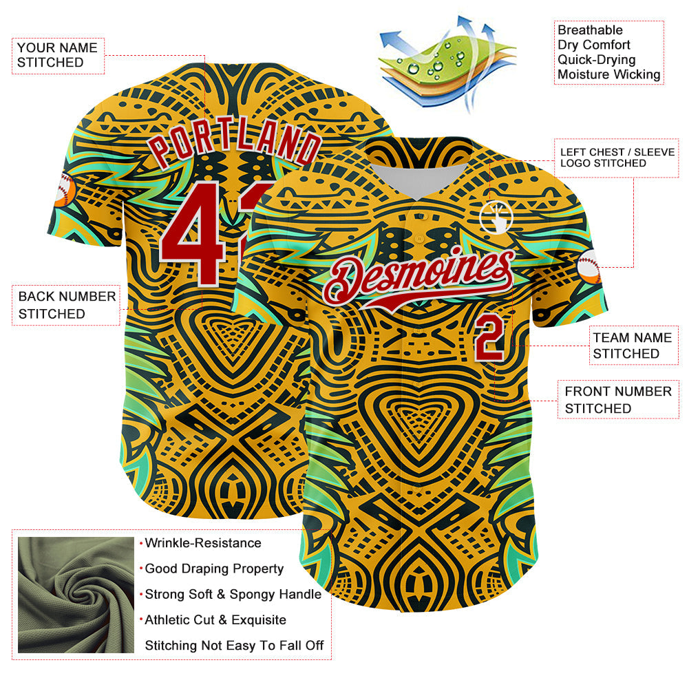 Custom Gold Red Black Green-White 3D Pattern Design Burner Costumes Tribal Authentic Baseball Jersey - Sky-Custom