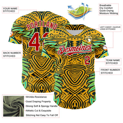 Custom Gold Red Black Green-White 3D Pattern Design Burner Costumes Tribal Authentic Baseball Jersey - Sky-Custom