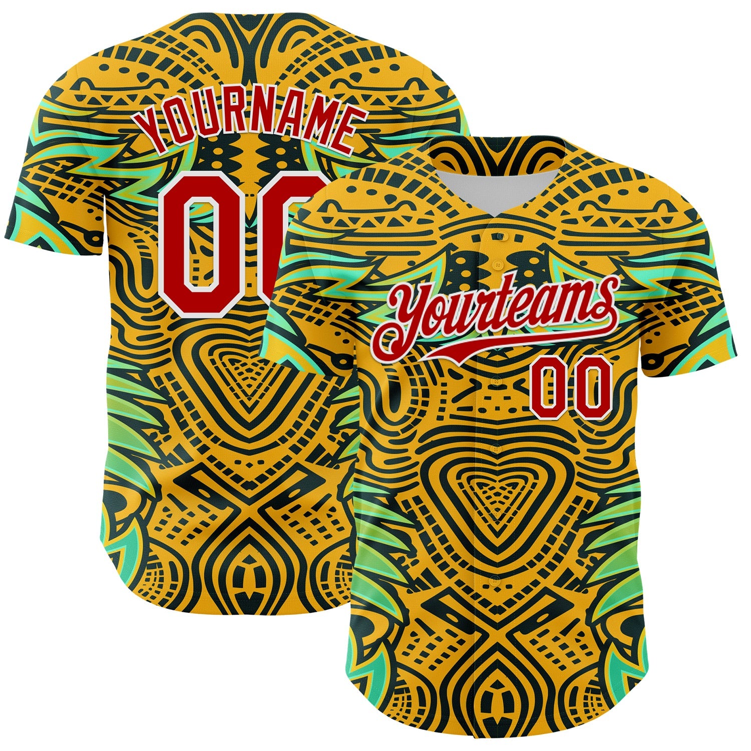Custom Gold Red Black Green-White 3D Pattern Design Burner Costumes Tribal Authentic Baseball Jersey - Sky-Custom