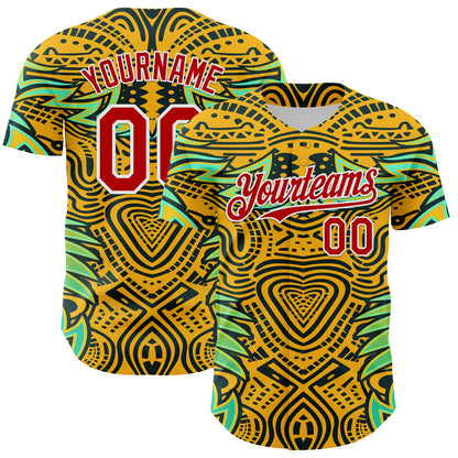 Custom Gold Red Black Green-White 3D Pattern Design Burner Costumes Tribal Authentic Baseball Jersey - Sky-Custom