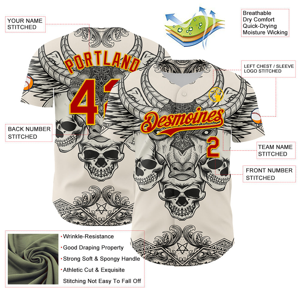 Custom Cream Red-Yellow 3D Pattern Design Burner Costumes Hell Skull Authentic Baseball Jersey - Sky-Custom