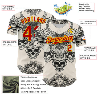 Custom Cream Red-Yellow 3D Pattern Design Burner Costumes Hell Skull Authentic Baseball Jersey - Sky-Custom