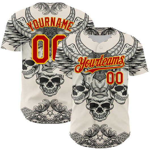 Custom Cream Red-Yellow 3D Pattern Design Burner Costumes Hell Skull Authentic Baseball Jersey - Sky-Custom