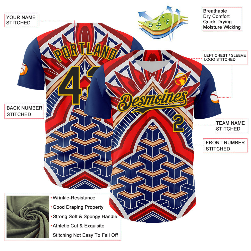 Custom Blue Black Red-Yellow 3D Pattern Design Burner Costumes Tribal Authentic Baseball Jersey - Sky-Custom