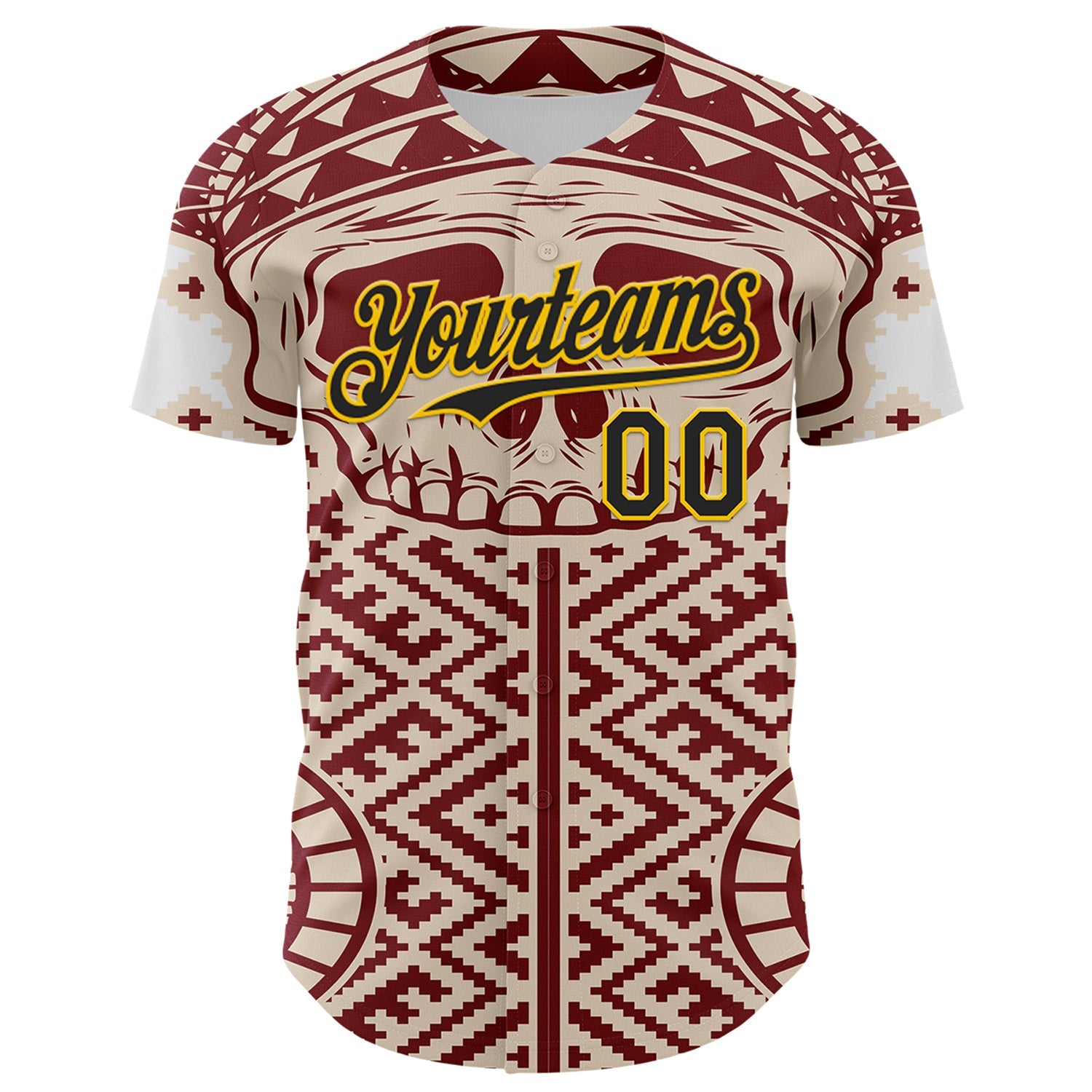 Custom Cream Black Red-Yellow 3D Pattern Design Burner Costumes Tribal Skull Authentic Baseball Jersey - Sky-Custom