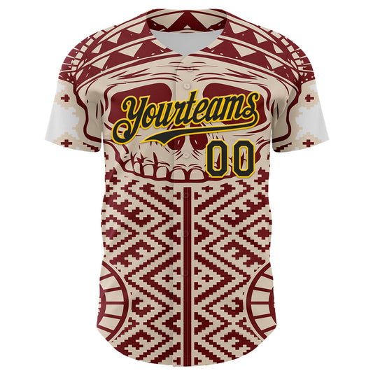 Custom Cream Black Red-Yellow 3D Pattern Design Burner Costumes Tribal Skull Authentic Baseball Jersey - Sky-Custom