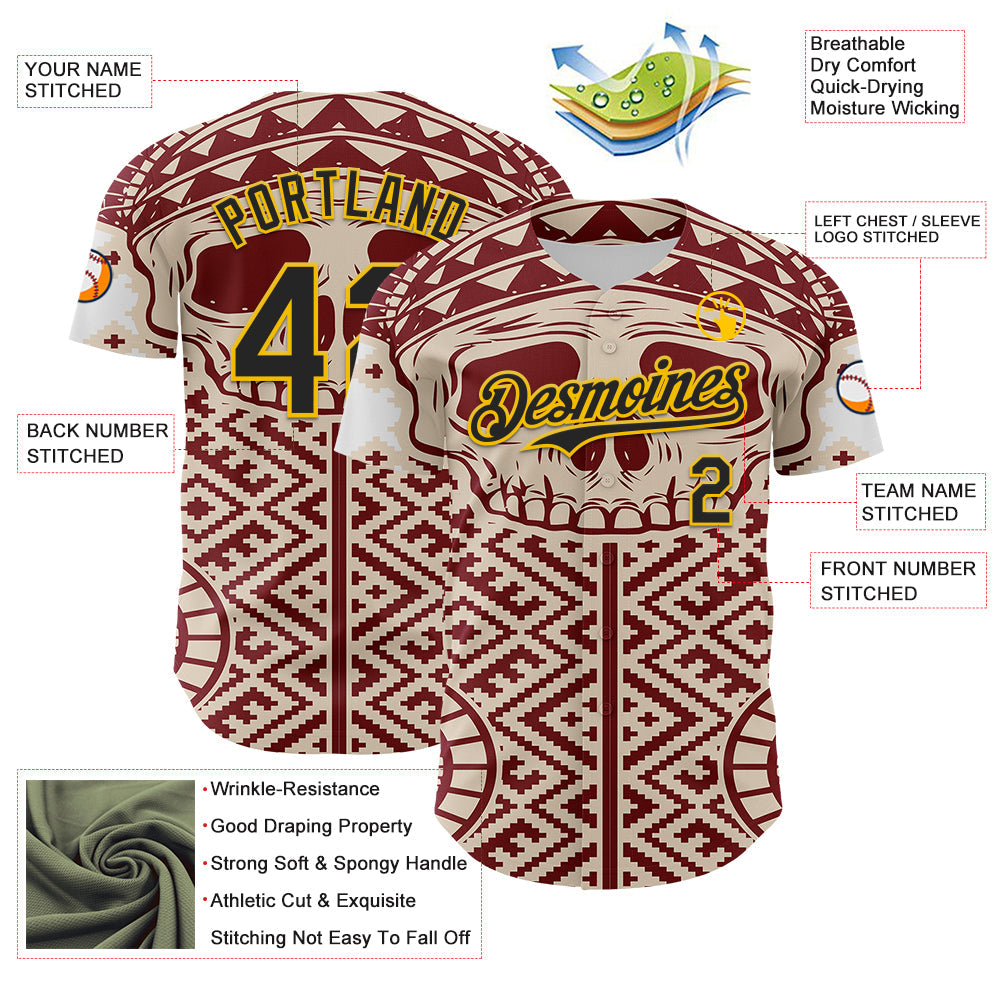Custom Cream Black Red-Yellow 3D Pattern Design Burner Costumes Tribal Skull Authentic Baseball Jersey - Sky-Custom