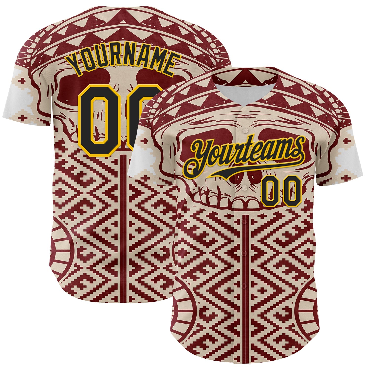 Custom Cream Black Red-Yellow 3D Pattern Design Burner Costumes Tribal Skull Authentic Baseball Jersey - Sky-Custom