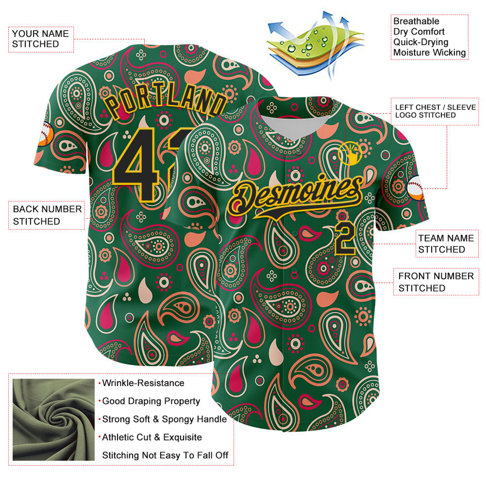 Custom Kelly Green Black-Yellow 3D Pattern Design Burner Costumes Paisley Bandana Authentic Baseball Jersey - Sky-Custom