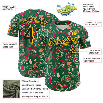 Custom Kelly Green Black-Yellow 3D Pattern Design Burner Costumes Paisley Bandana Authentic Baseball Jersey - Sky-Custom