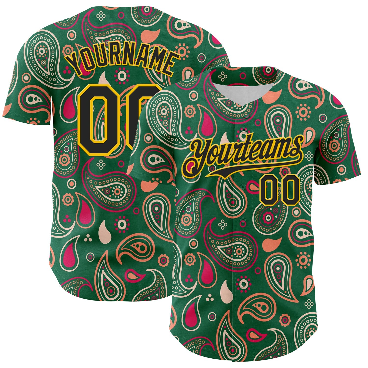 Custom Kelly Green Black-Yellow 3D Pattern Design Burner Costumes Paisley Bandana Authentic Baseball Jersey - Sky-Custom
