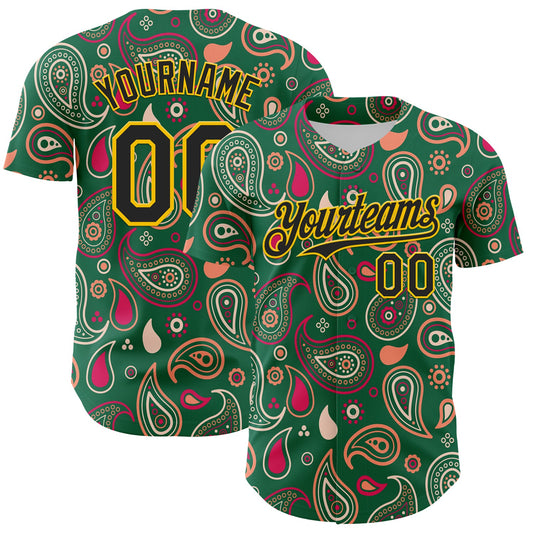 Custom Kelly Green Black-Yellow 3D Pattern Design Burner Costumes Paisley Bandana Authentic Baseball Jersey - Sky-Custom