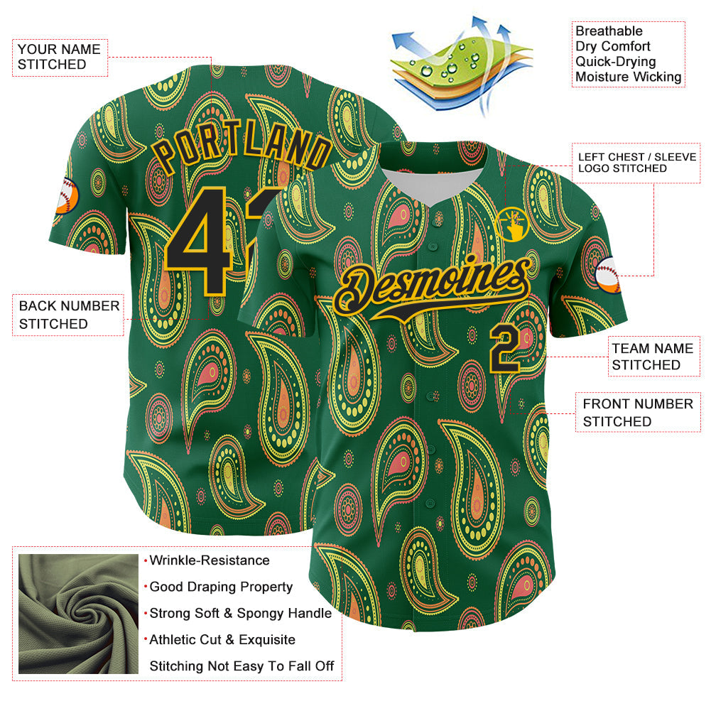 Custom Kelly Green Black-Yellow 3D Pattern Design Burner Costumes Paisley Bandana Authentic Baseball Jersey - Sky-Custom