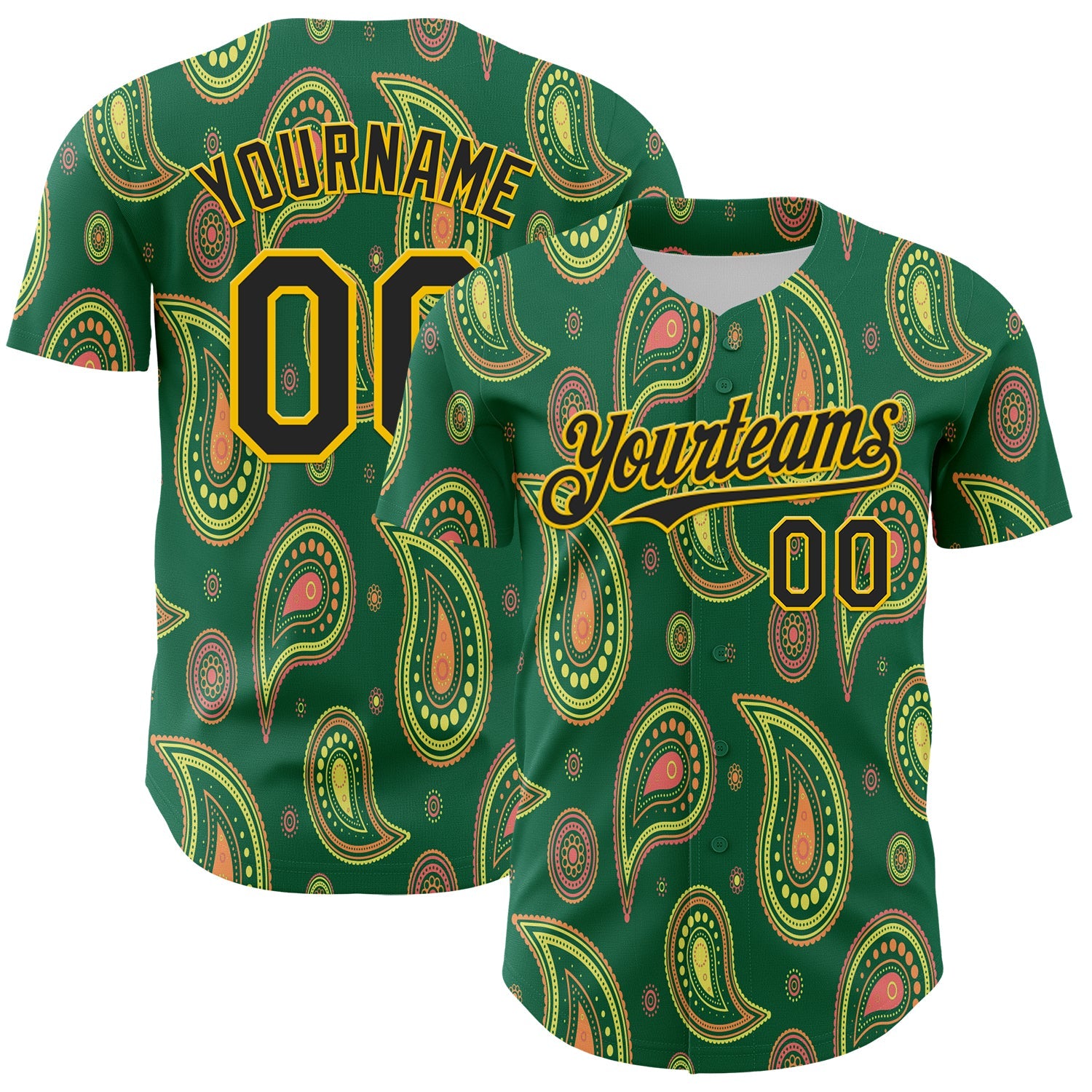 Custom Kelly Green Black-Yellow 3D Pattern Design Burner Costumes Paisley Bandana Authentic Baseball Jersey - Sky-Custom