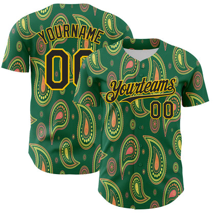 Custom Kelly Green Black-Yellow 3D Pattern Design Burner Costumes Paisley Bandana Authentic Baseball Jersey - Sky-Custom