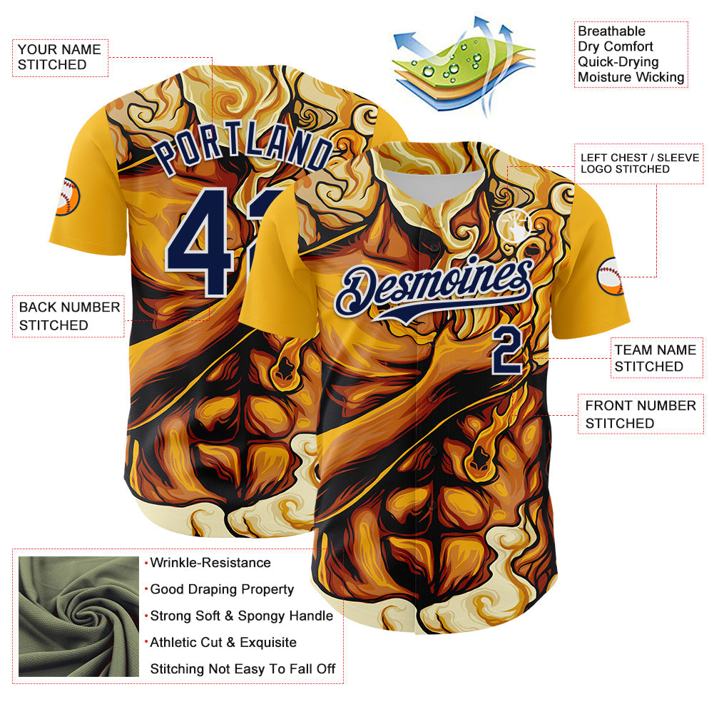 Custom Gold Navy-White 3D Pattern Design Burner Costumes Flame Authentic Baseball Jersey - Sky-Custom