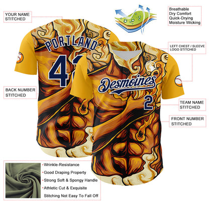Custom Gold Navy-White 3D Pattern Design Burner Costumes Flame Authentic Baseball Jersey - Sky-Custom