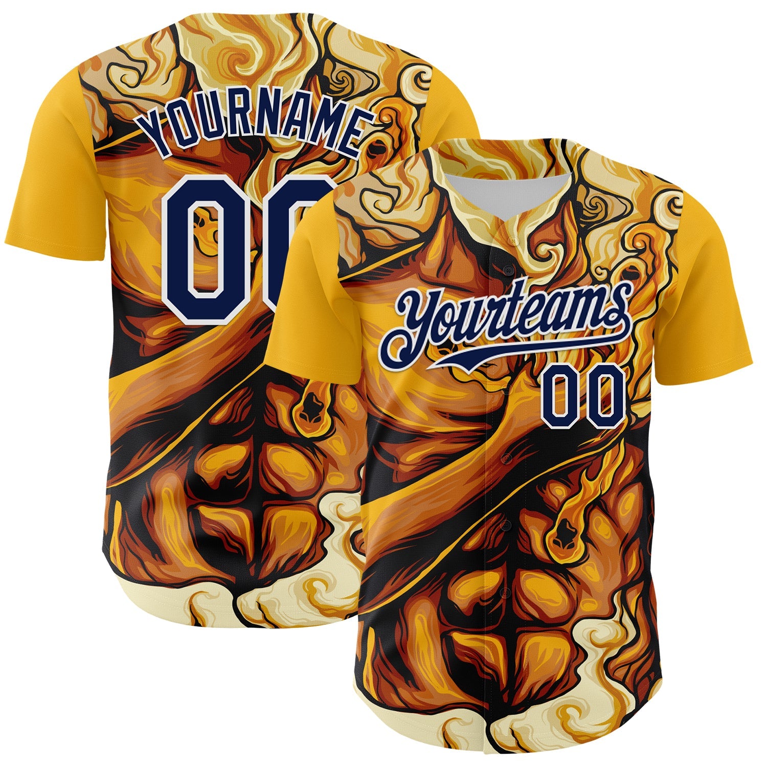 Custom Gold Navy-White 3D Pattern Design Burner Costumes Flame Authentic Baseball Jersey - Sky-Custom