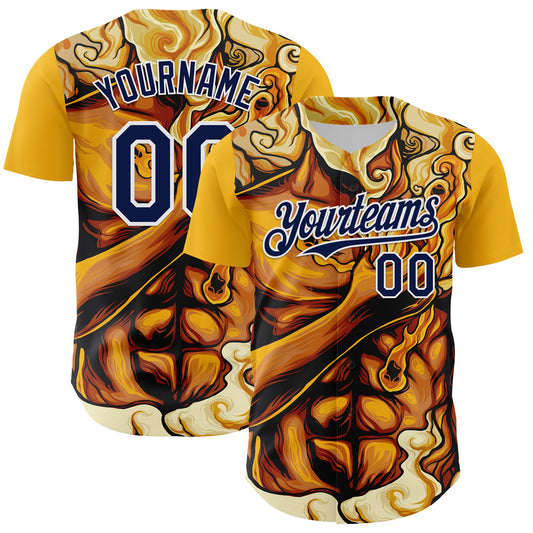 Custom Gold Navy-White 3D Pattern Design Burner Costumes Flame Authentic Baseball Jersey - Sky-Custom