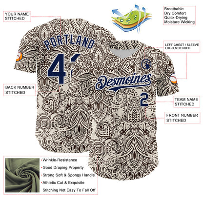 Custom Cream Navy-White 3D Pattern Design Burner Costumes Paisley Bandana Authentic Baseball Jersey - Sky-Custom