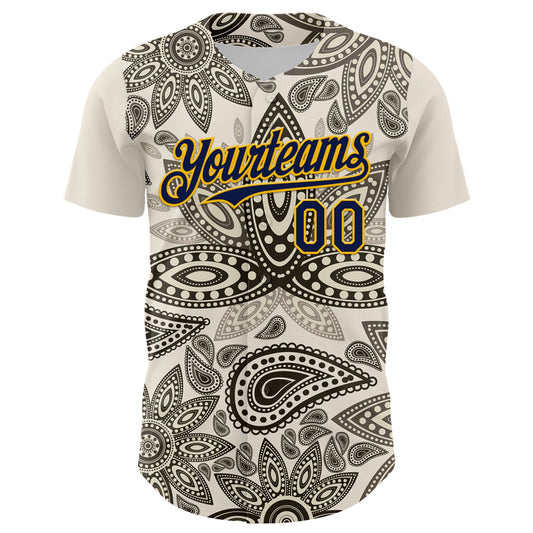 Custom Cream Navy-Yellow 3D Pattern Design Burner Costumes Paisley Bandana Authentic Baseball Jersey - Sky-Custom