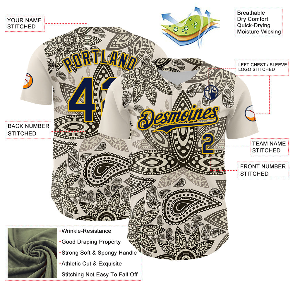 Custom Cream Navy-Yellow 3D Pattern Design Burner Costumes Paisley Bandana Authentic Baseball Jersey - Sky-Custom