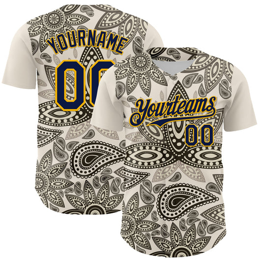 Custom Cream Navy-Yellow 3D Pattern Design Burner Costumes Paisley Bandana Authentic Baseball Jersey - Sky-Custom