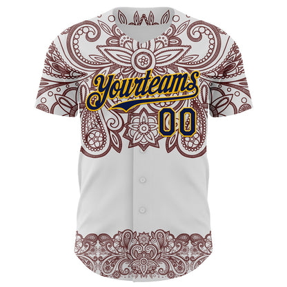 Custom White Navy Red-Yellow 3D Pattern Design Burner Costumes Paisley Bandana Authentic Baseball Jersey - Sky-Custom