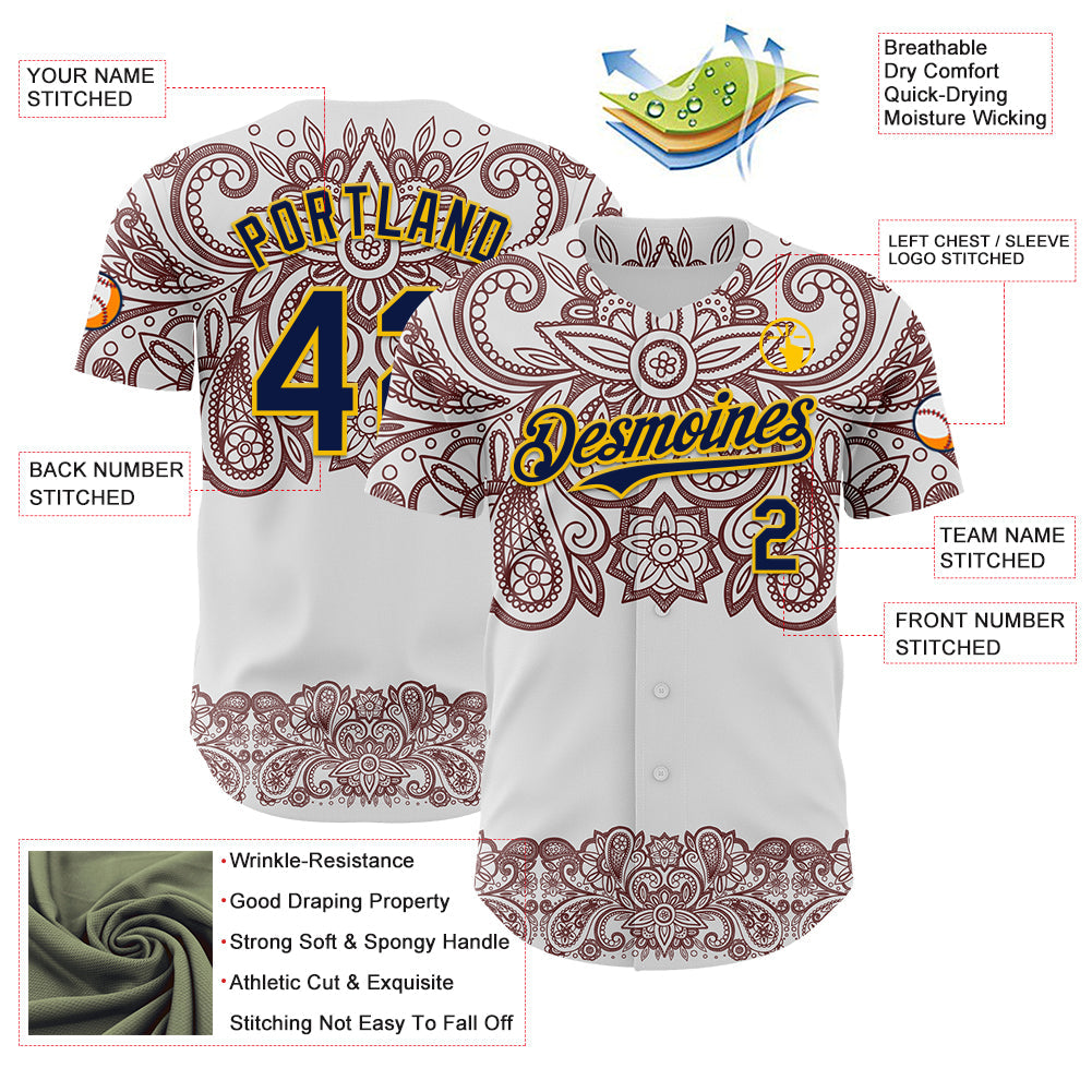 Custom White Navy Red-Yellow 3D Pattern Design Burner Costumes Paisley Bandana Authentic Baseball Jersey - Sky-Custom