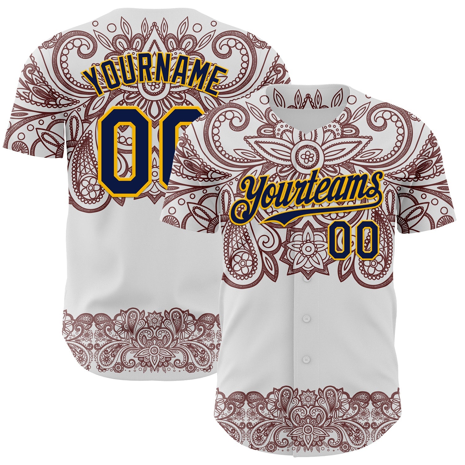 Custom White Navy Red-Yellow 3D Pattern Design Burner Costumes Paisley Bandana Authentic Baseball Jersey - Sky-Custom
