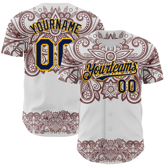 Custom White Navy Red-Yellow 3D Pattern Design Burner Costumes Paisley Bandana Authentic Baseball Jersey - Sky-Custom