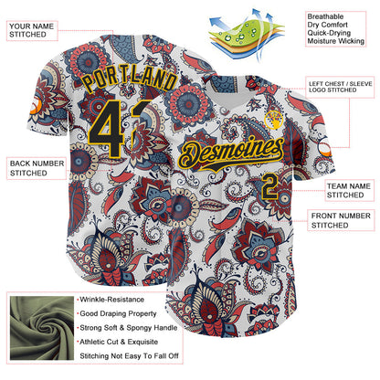 Custom White Black-Yellow 3D Pattern Design Burner Costumes Paisley Bandana Authentic Baseball Jersey - Sky-Custom
