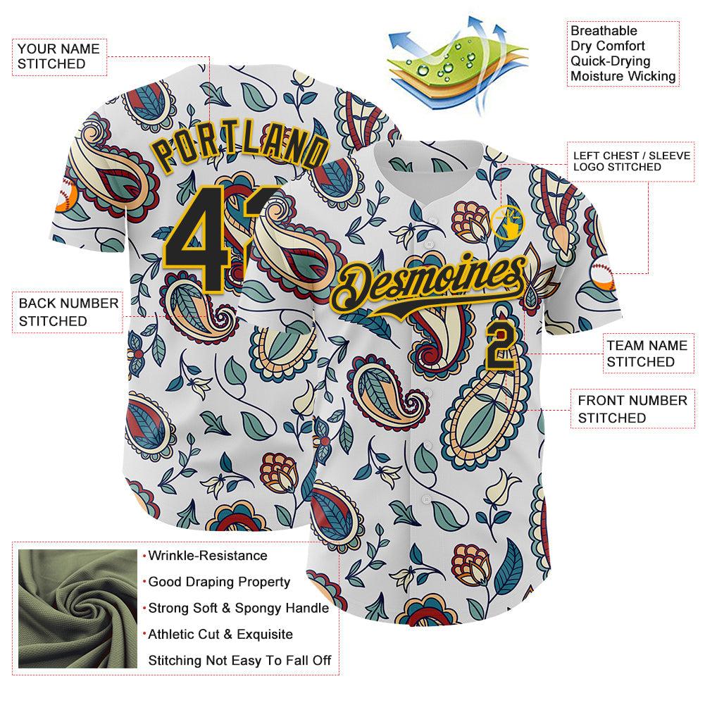 Custom White Black-Yellow 3D Pattern Design Burner Costumes Paisley Bandana Authentic Baseball Jersey - Sky-Custom