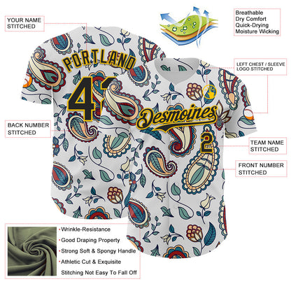 Custom White Black-Yellow 3D Pattern Design Burner Costumes Paisley Bandana Authentic Baseball Jersey - Sky-Custom
