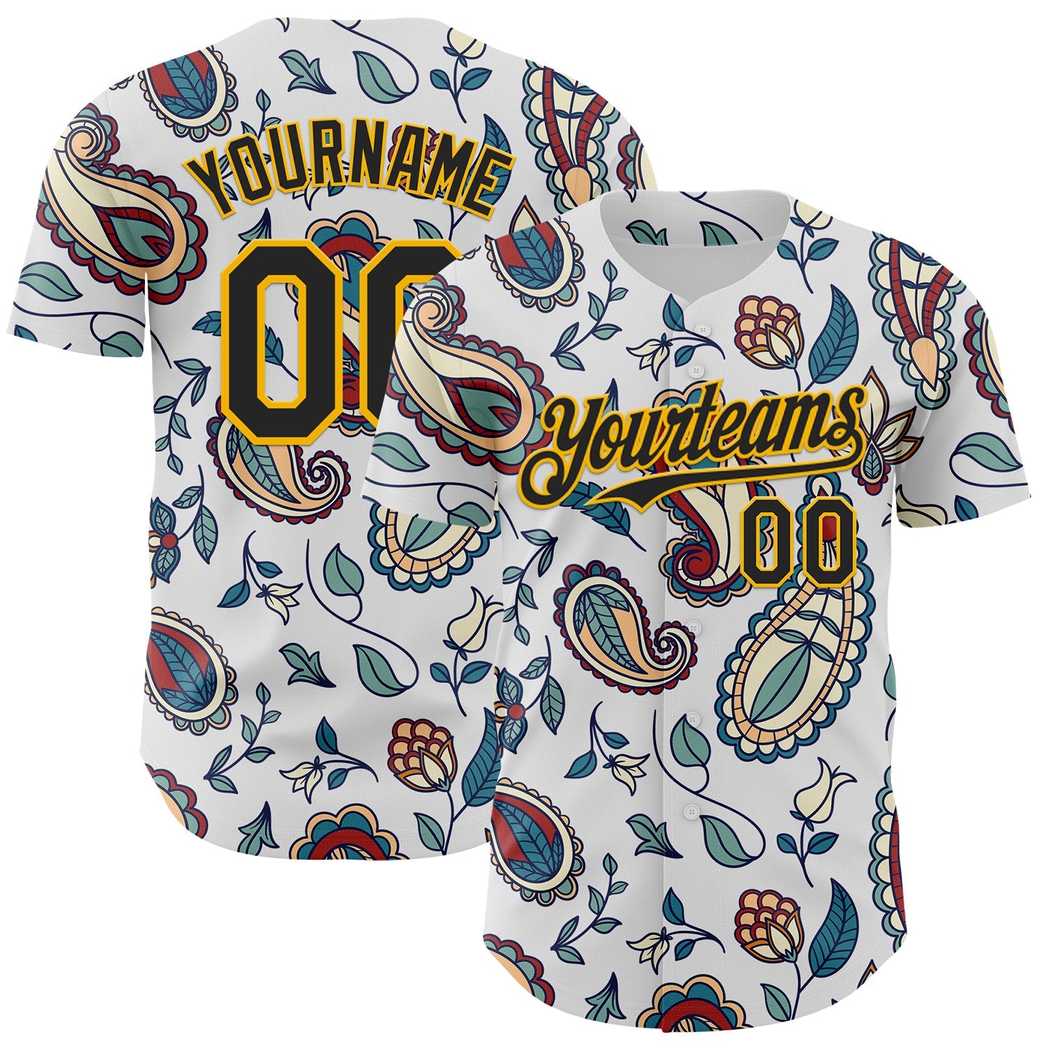 Custom White Black-Yellow 3D Pattern Design Burner Costumes Paisley Bandana Authentic Baseball Jersey - Sky-Custom