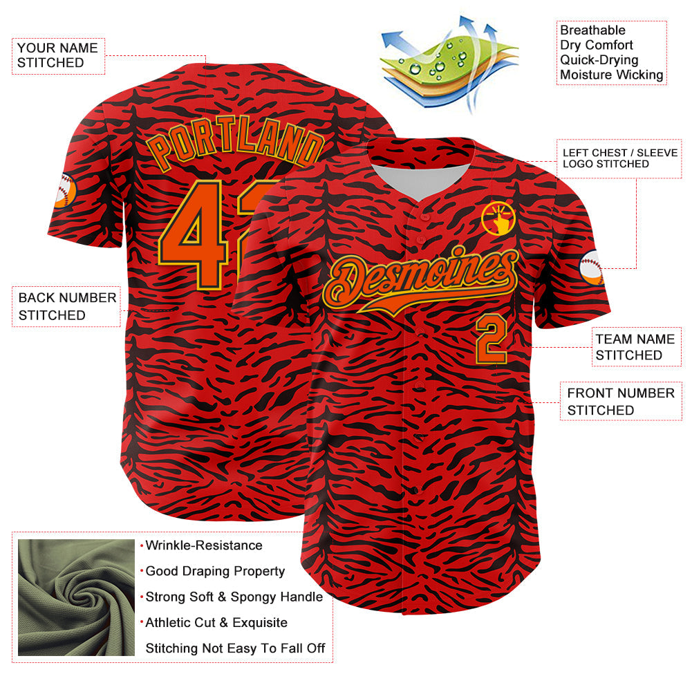 Custom Red Orange Black-Yellow 3D Pattern Design Burner Costumes Animal Tiger Print Authentic Baseball Jersey - Sky-Custom