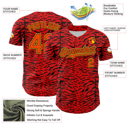 Custom Red Orange Black-Yellow 3D Pattern Design Burner Costumes Animal Tiger Print Authentic Baseball Jersey - Sky-Custom