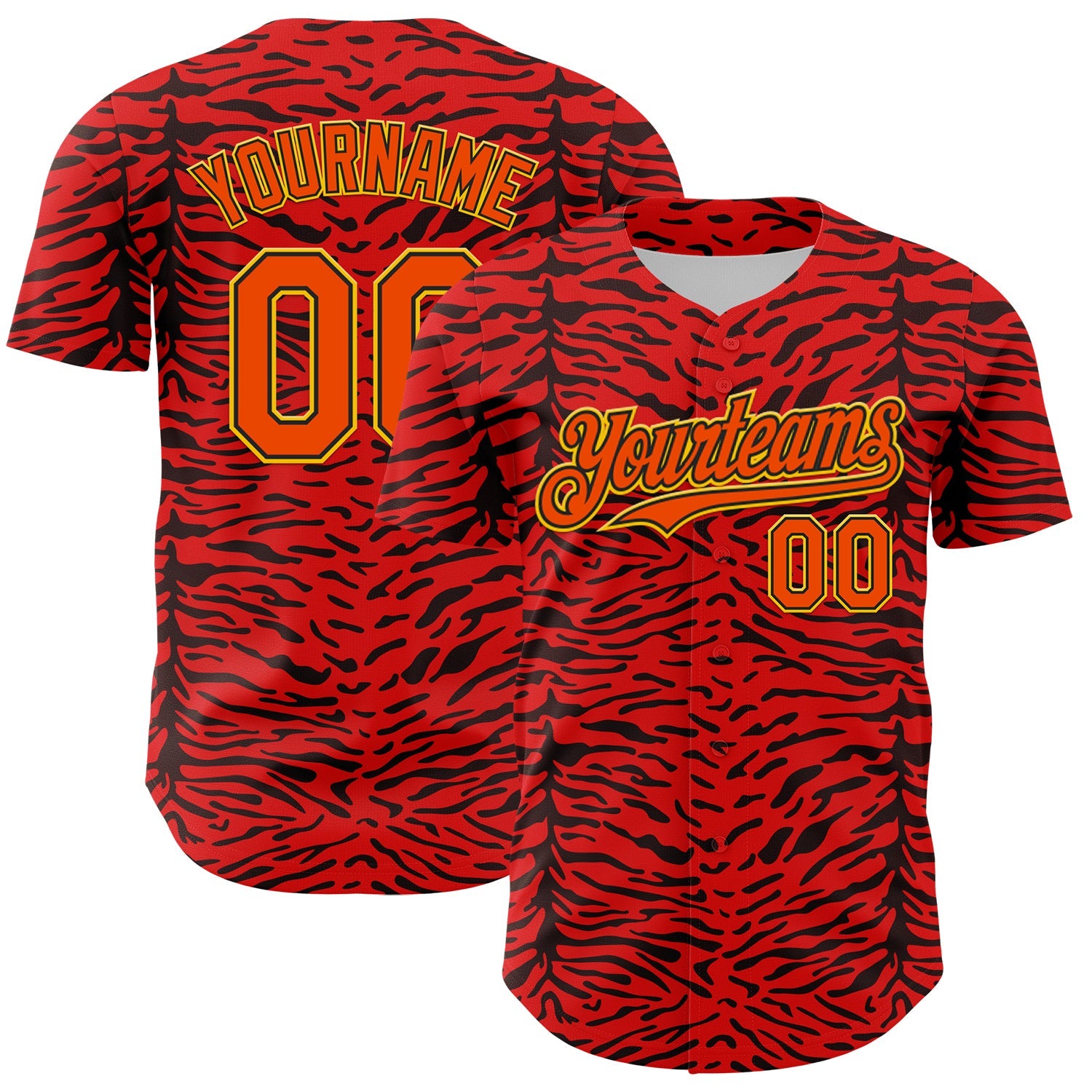 Custom Red Orange Black-Yellow 3D Pattern Design Burner Costumes Animal Tiger Print Authentic Baseball Jersey - Sky-Custom