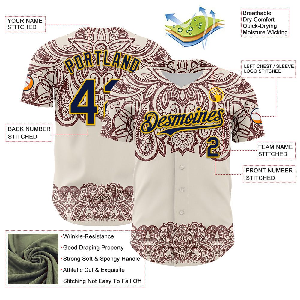 Custom Cream Navy Red-Yellow 3D Pattern Design Burner Costumes Paisley Bandana Authentic Baseball Jersey - Sky-Custom