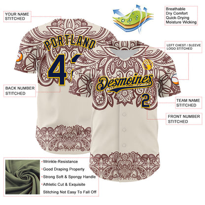Custom Cream Navy Red-Yellow 3D Pattern Design Burner Costumes Paisley Bandana Authentic Baseball Jersey - Sky-Custom