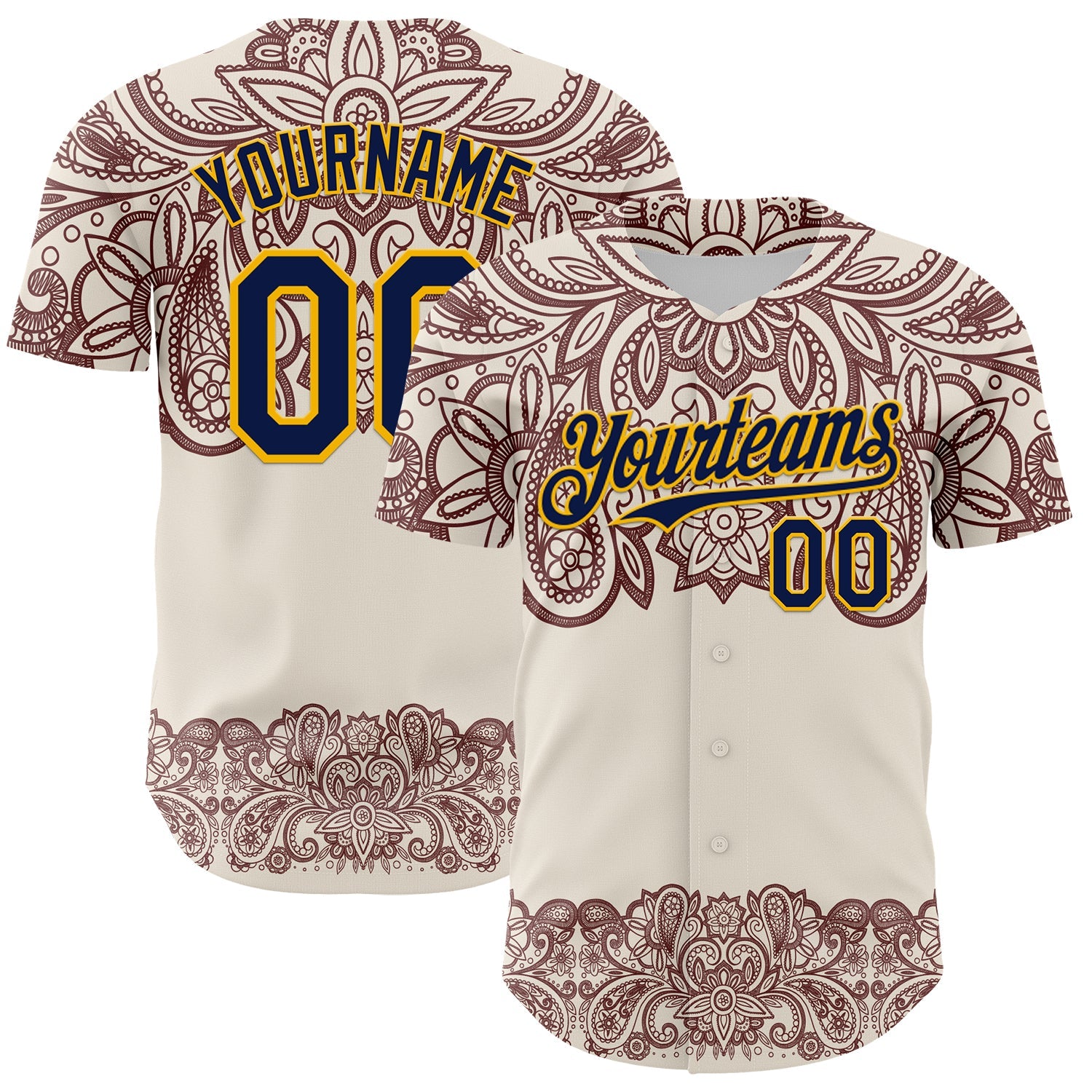 Custom Cream Navy Red-Yellow 3D Pattern Design Burner Costumes Paisley Bandana Authentic Baseball Jersey - Sky-Custom