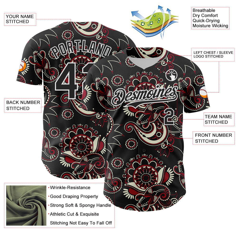Custom Black White 3D Pattern Design Burner Costumes Paisley Bandana Authentic Baseball Jersey - Sky-Custom