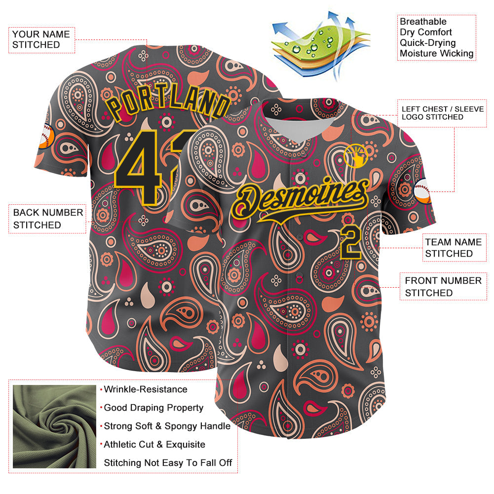Custom Steel Gray Black-Yellow 3D Pattern Design Burner Costumes Paisley Bandana Authentic Baseball Jersey - Sky-Custom