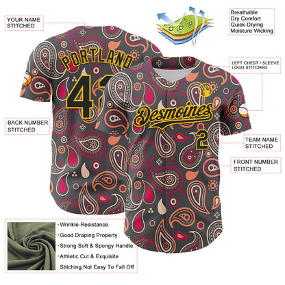 Custom Steel Gray Black-Yellow 3D Pattern Design Burner Costumes Paisley Bandana Authentic Baseball Jersey - Sky-Custom