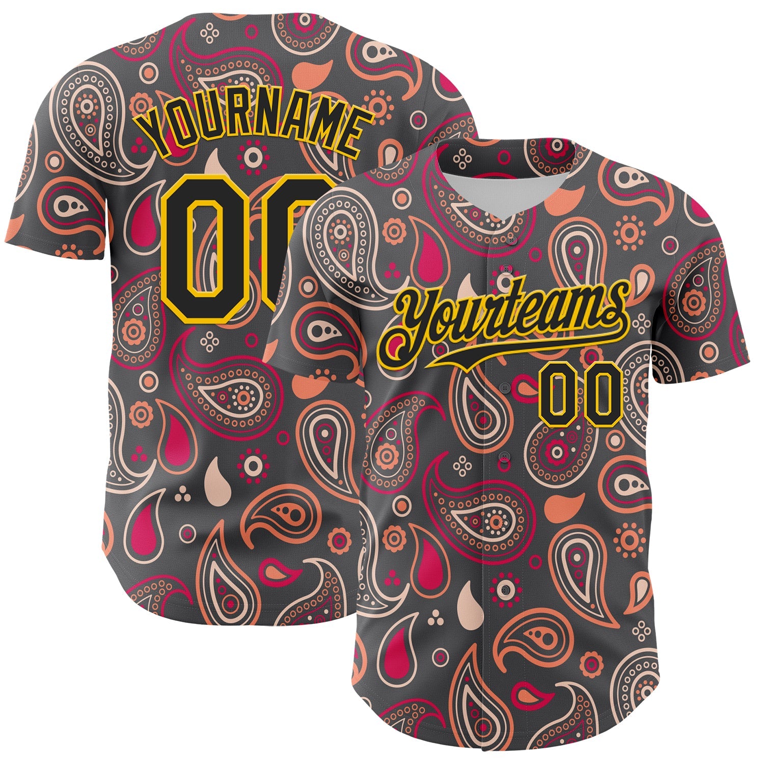 Custom Steel Gray Black-Yellow 3D Pattern Design Burner Costumes Paisley Bandana Authentic Baseball Jersey - Sky-Custom