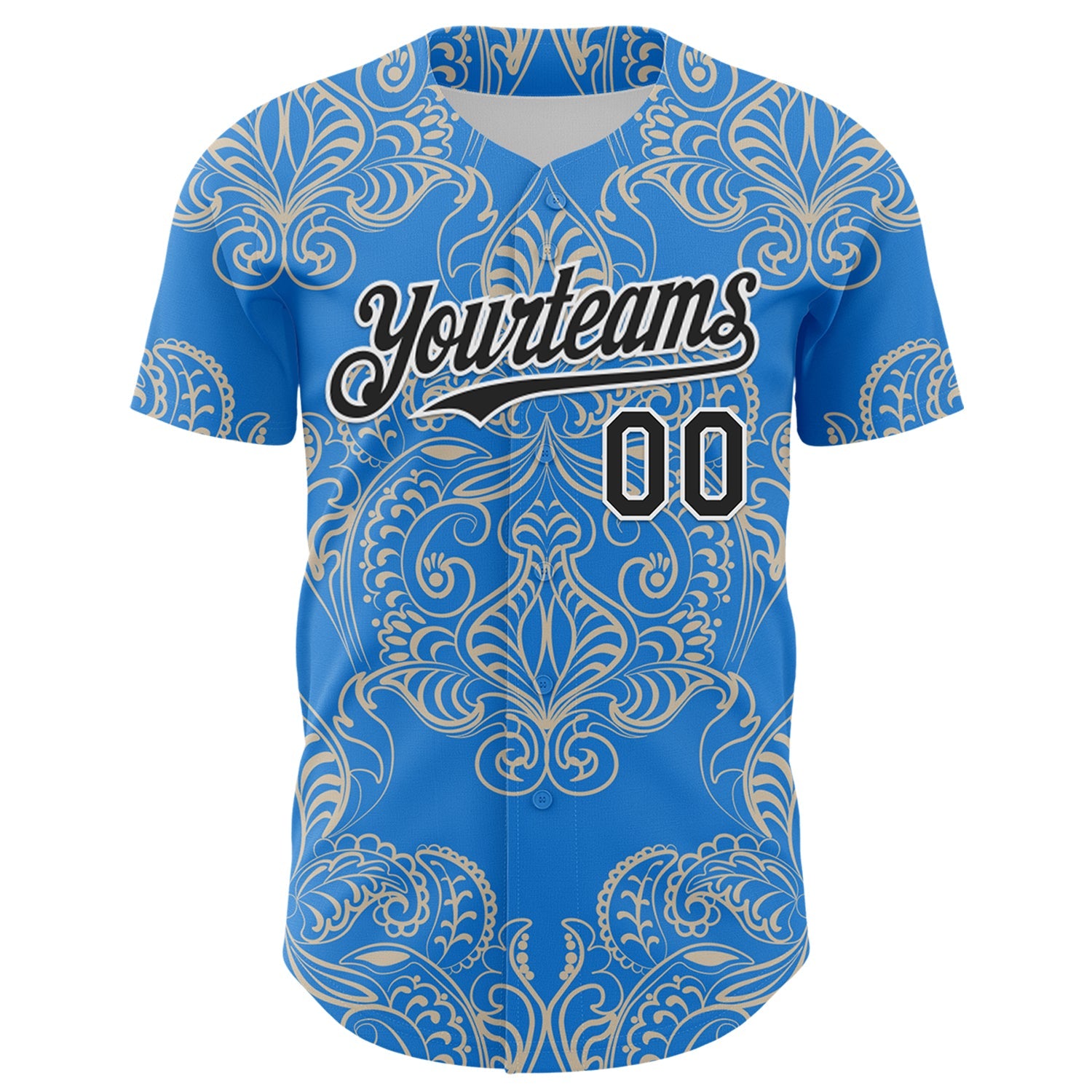Custom Electric Blue Black-White 3D Pattern Design Burner Costumes Paisley Bandana Authentic Baseball Jersey - Sky-Custom